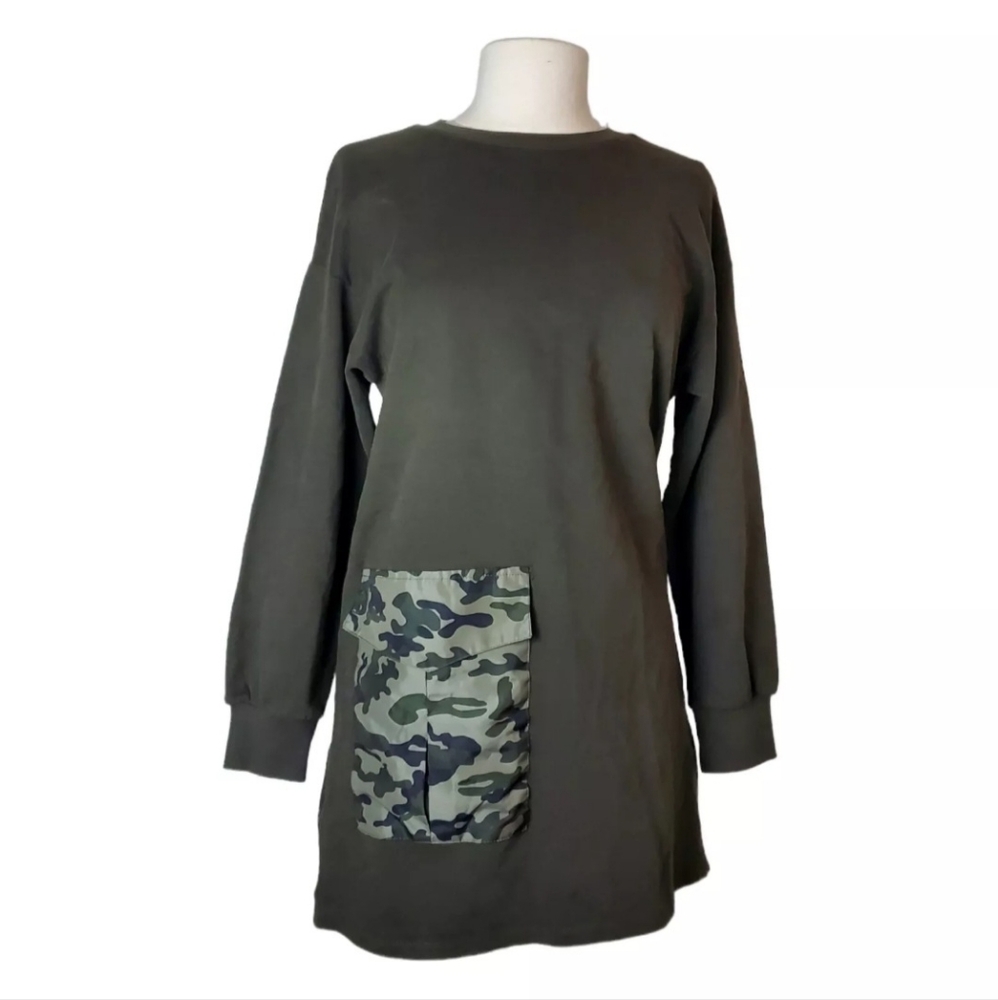 ZARA TRAFALUC Camo Pocket Sweatshirt Dress Womens Small S